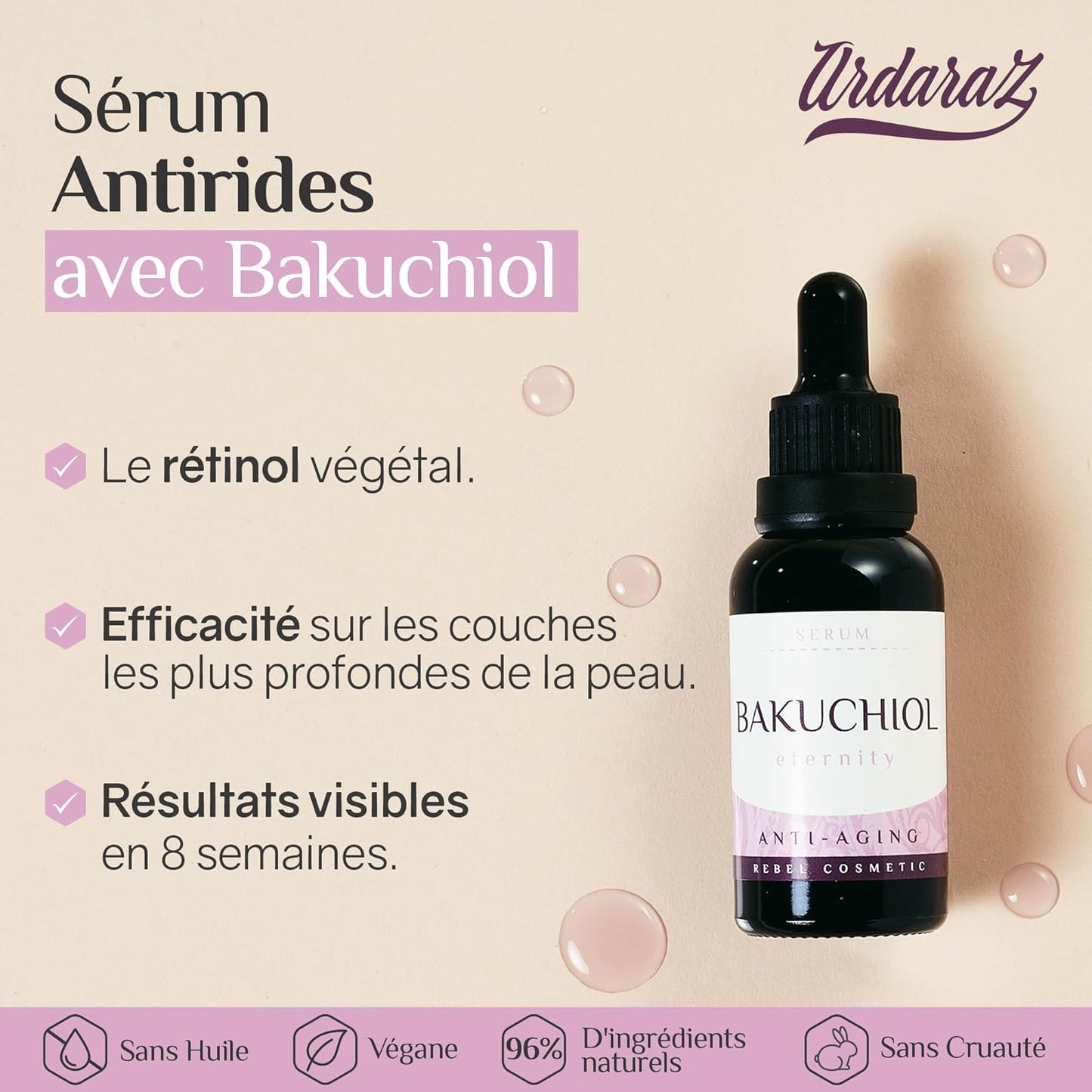 Sérum Visage Avec Bakuchiol, Le Rétinol Végétal. Serum anti Rides Concentré Pour Femmes, Améliore La Texture De La Peau. Avec De L’Acide Hyaluronique, Convient Aux Peaux Sensibles
