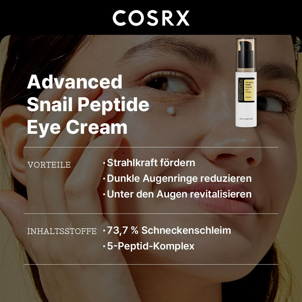 COSRX Snail Peptide Eye Cream Mit 73,7% Schneckenschleim Und Hyaluronsäure - Aufhellende Anti-Aging Korean Augencreme Gegen Feine Linien Und Dunkle Kreise, 25Ml, Korean Skincare