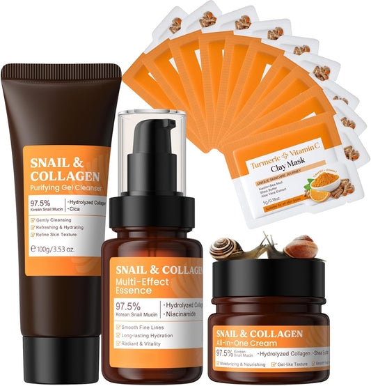 13PCS 97.5% Snail Mucin Skin Care Set, Snail Collagen Facial Kit for Women - Anti-Aging Korean Glass Skin Set, with Serum, Clay Mask, Cream & Cleanser for Dry, Sensitive, Acne-Prone Skin (3PCS+10PCS)