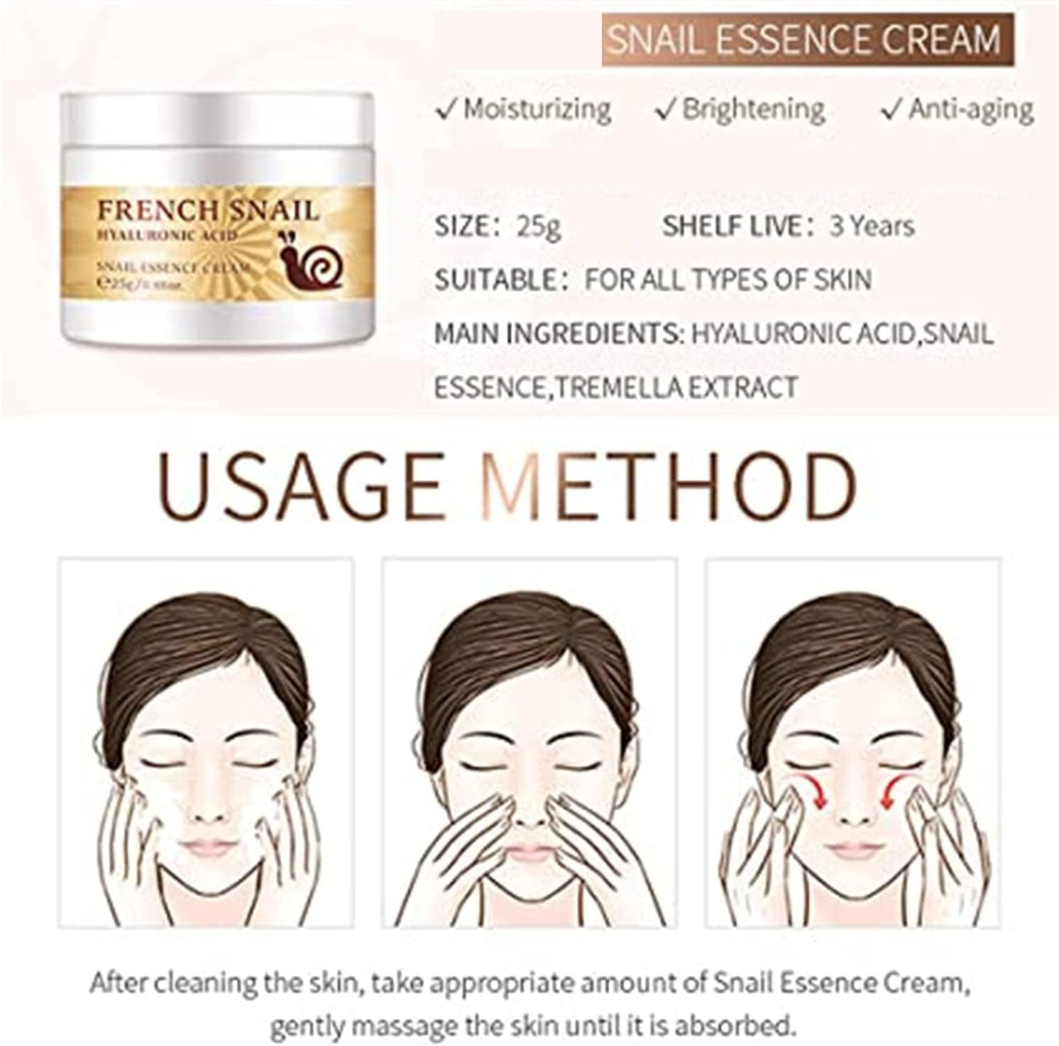 French Snail Repair Cream, Snail Essence Face Cream, Snail Extract Secretion Hyaluronic Acid Moisture Facial Cream, Improve Skin Nourishing Collagen Essence Cream, 25G (2Pcs)