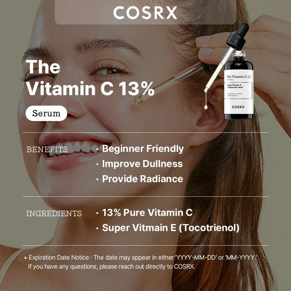 Pure Vitamin C 13% Serum with Vitamin E & Hyaluronic Acid, Siero Viso Illuminante E Idratante per Linee Sottili, Tono Della Pelle Irregolare E Pelle Spenta, 0,67Fl.Oz/20Ml, Korean Skincare