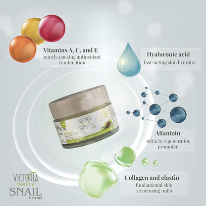 Victoria Beauty Schneckenschleim Creme Mit Hyaluron Und Collagen, Schneckencreme Gegen Falten Und Augenringe, Gesichtscreme Für Frauen Und Männer, Wirkame Gesichtspflege, Snail Cream Moisturizer, 50Ml